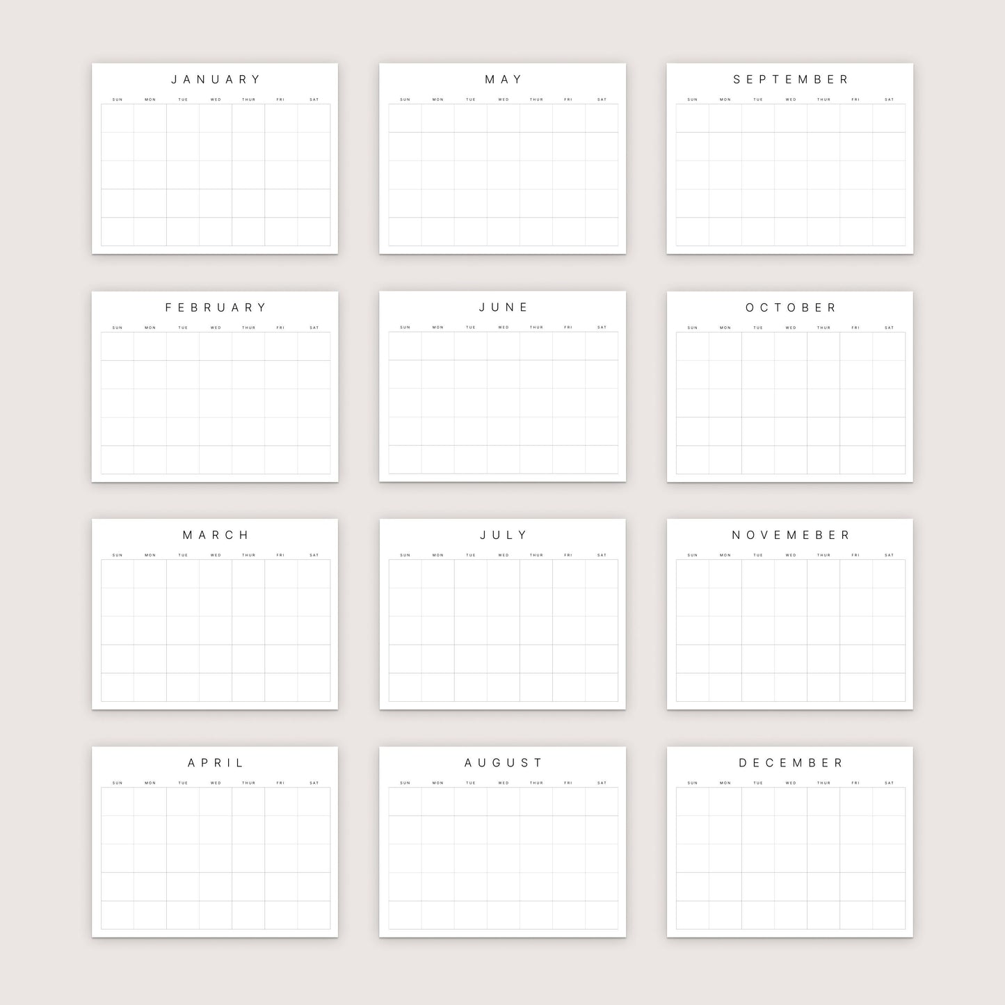 Monthly Blank Calendar (Sunday-start) FREEBIE