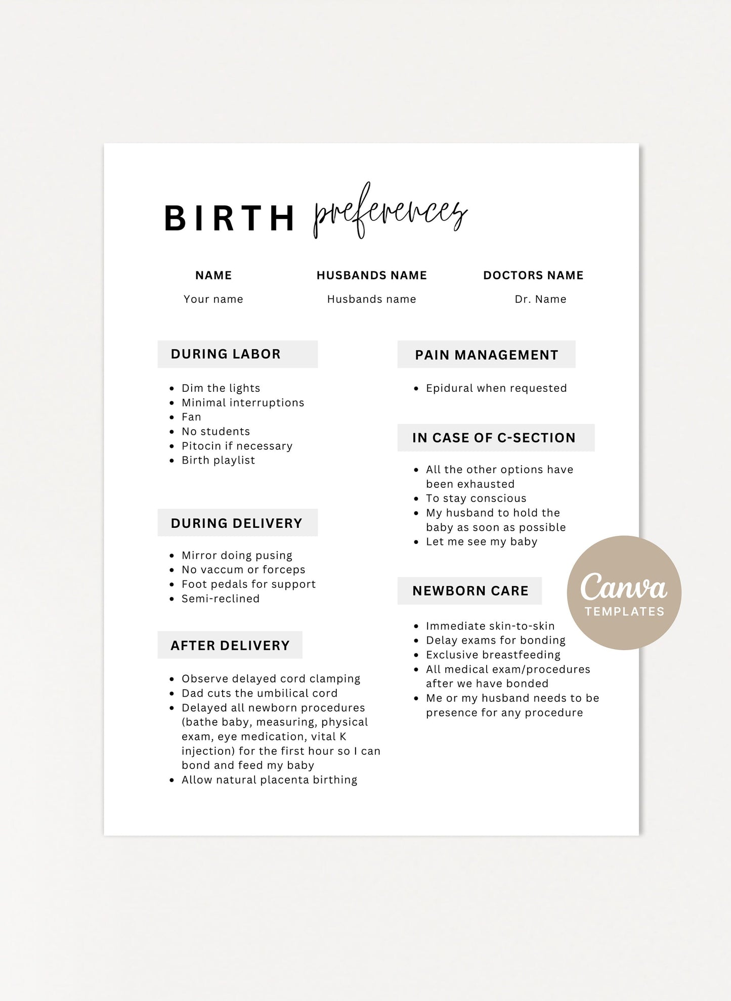 Printable Birth Plan Template