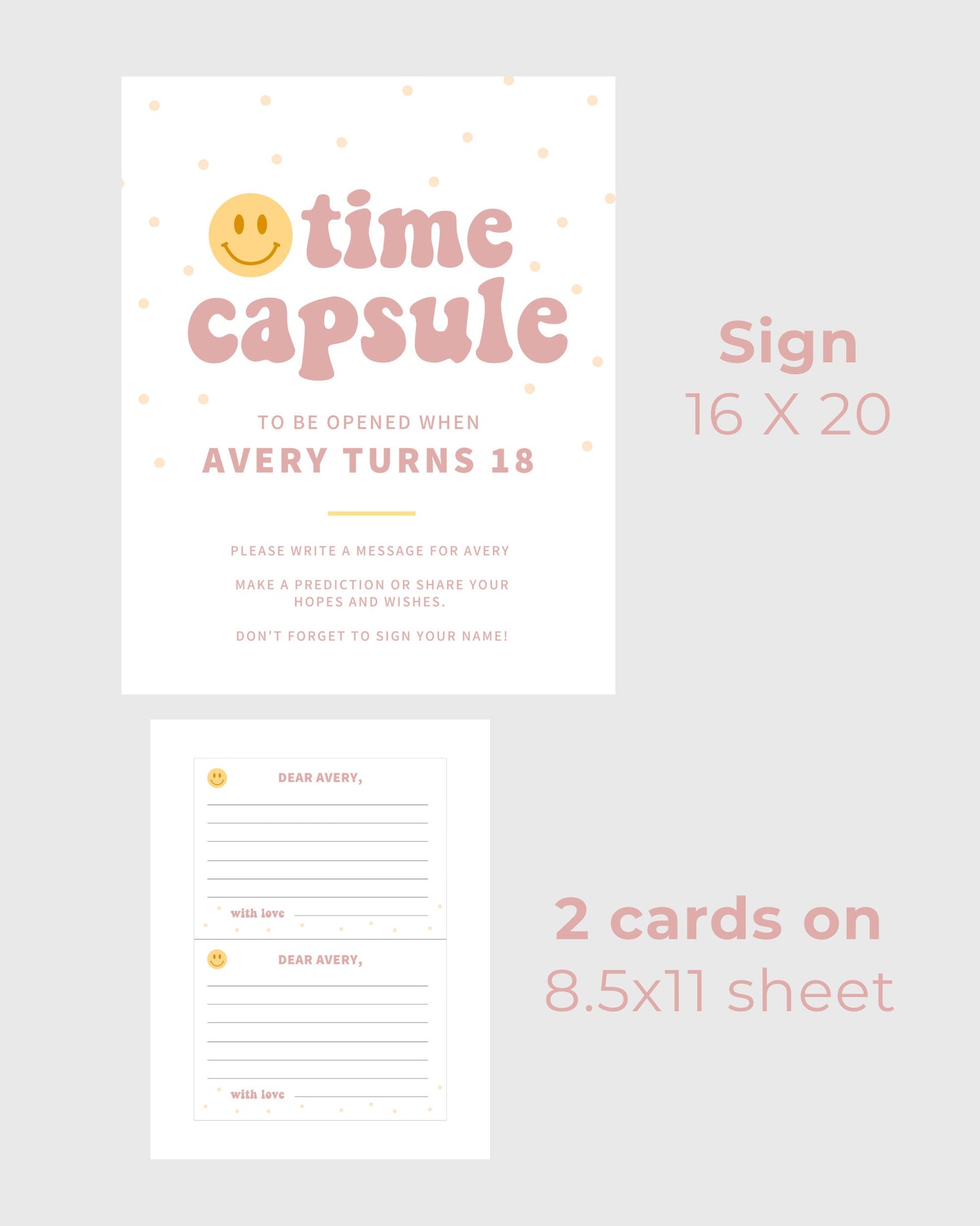 One Happy Gal Time Capsule sign with matching note cards