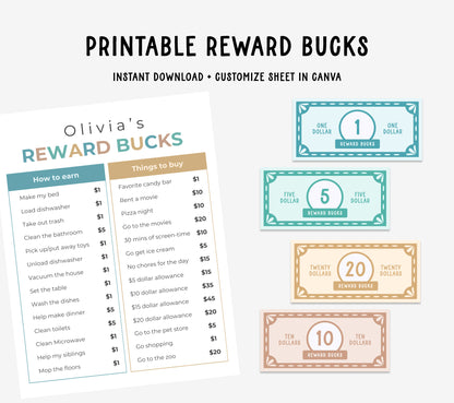 Printable Reward Bucks and Earn/Spend sheet