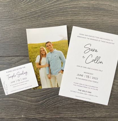 Script LDS Wedding Invitation with temple sealing card (Sara + Collin)
