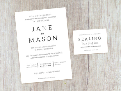 Modern LDS Wedding Invitation (Jane + Mason)
