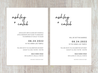 Minimalist Script LDS Wedding Invitation (Ashley + Caleb Template)