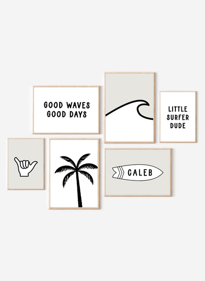 Personalized Name Little Surfer Boy Gallery Wall Set of 6 Prints