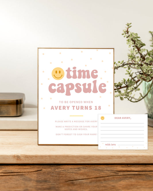 One Happy Gal Time Capsule sign with matching note cards
