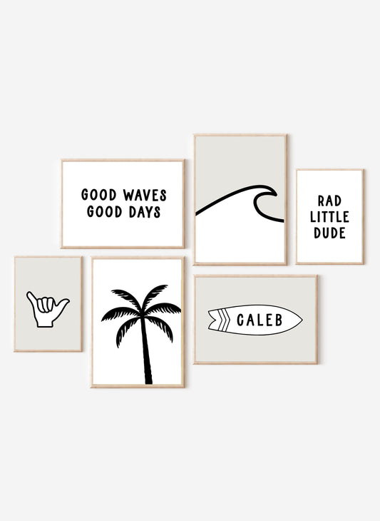 Personalized Name Rad Surfer Boy Gallery Wall Print Set of 6