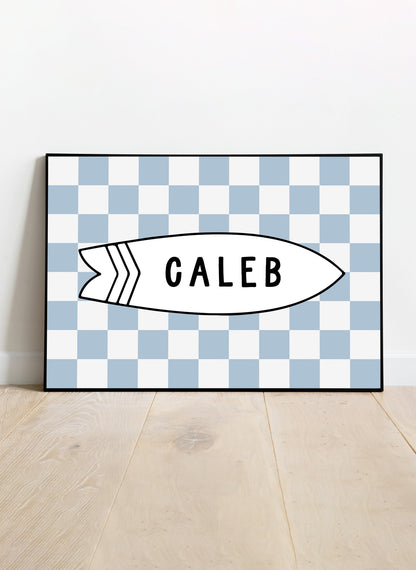 Personalized Name Surfboard Print (Checkered Blue)